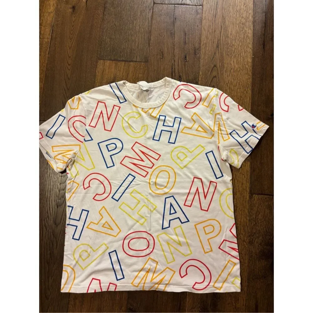 Champion heritage all over print logo letters tshirt rainbow L - Picture 2 of 7